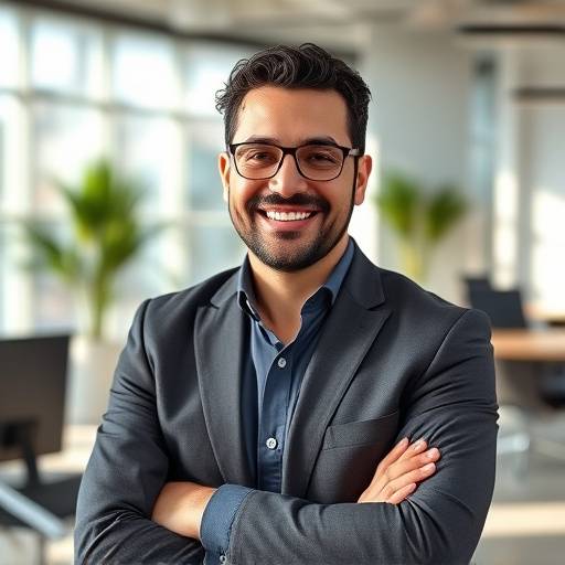 Foto de Ricardo Almeida, CEO da Elegância Urbana, sorrindo em um ambiente de escritório moderno.